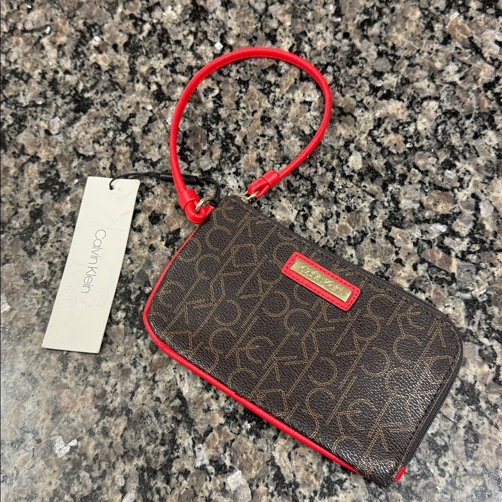 Calvin Klein Logo Wristlet in Brown and Red NWT